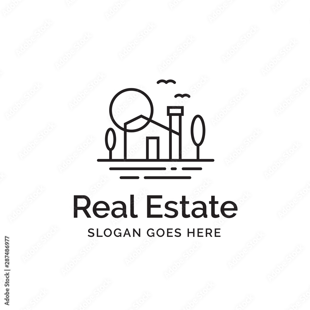 Modern building house with trees, sun and birds line art real estate logo design Modern building house with trees, sun and birds line art real estate logo design