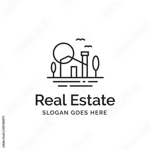 Modern building house with trees, sun and birds line art real estate logo design © P4tcreativa