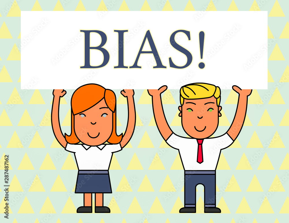 Text sign showing Bias. Business photo text inclination or prejudice for or against one demonstrating group Two Smiling People Holding Big Blank Poster Board Overhead with Both Hands Text sign showing Bias. Business photo text inclination or prejudice for or against one demonstrating group Two Smiling People Holding Big Blank Poster Board Overhead with Both Hands