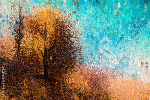 Abstract painting of autumn trees with yellow leaves, digital illustration