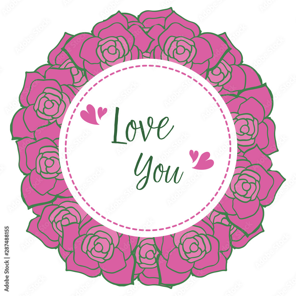 Crowd of purple rose wreath frame, for greeting card design love you. Vector