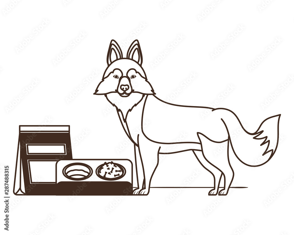 silhouette of dog with bowl and pet food on white background