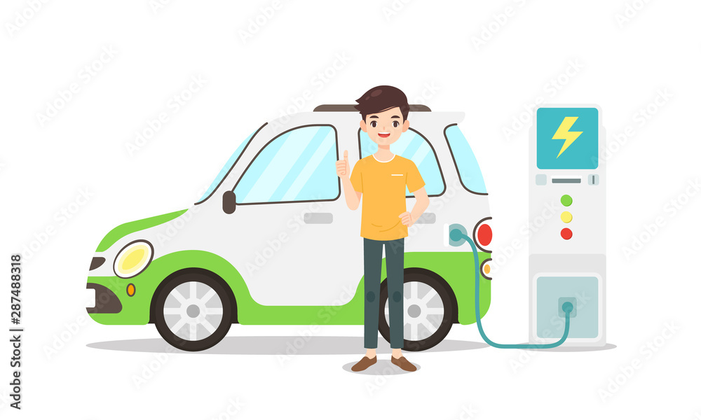 man character stand with his eco car