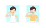 man character brushes his teeth, vector cartoon illustration, daily routine