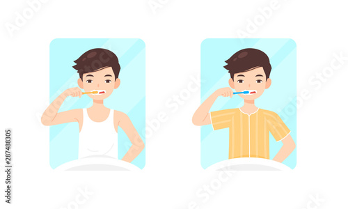 man character brushes his teeth, vector cartoon illustration, daily routine