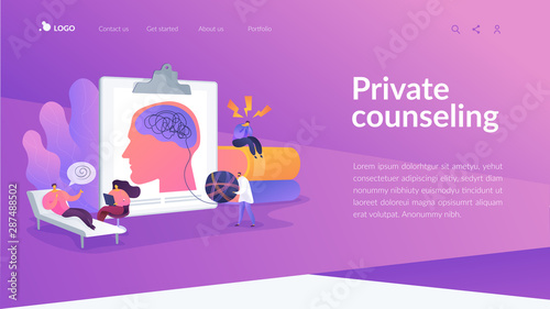 Psychotherapy practice, psychiatrist consulting patient. Mental disorder treatment. Psychologist service, private counseling, family psychology concept. Website homepage header landing web page