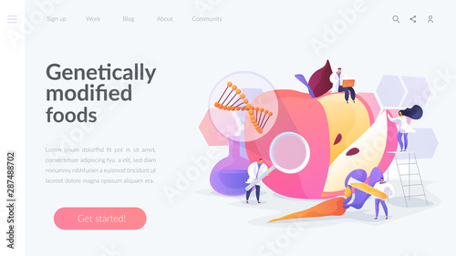 Bioengineering, biotechnology. Food additives. Genetic engineering. Genetically modified foods, GM foods, genetically engineered foods concept. Website homepage header landing web page template.