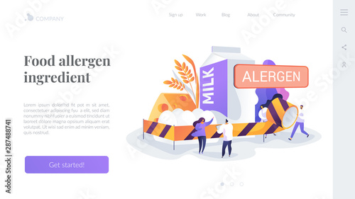 Allergic reaction to milk. Lactose intolerance. Abnormal immune response to food. Food allergy, food allergen ingredient, allergy risk factor concept. Website homepage header landing web page template