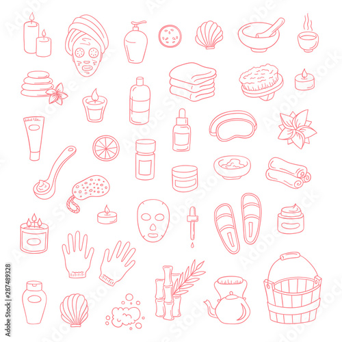 Vector doodle icons spa elements set. Hand drawn spa and massage salon objects collection. Candle, skincare, facial, aromalamp and bamboo illustration
