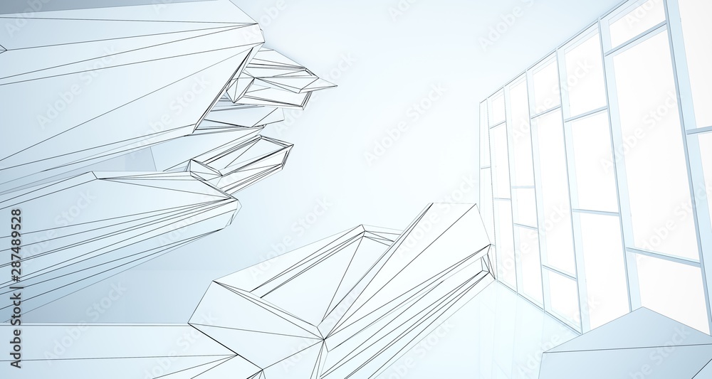 Abstract architectural white interior of a minimalist house with large windows. Drawing. 3D illustration and rendering. Abstract architectural white interior of a minimalist house with large windows. Drawing. 3D illustration and rendering.