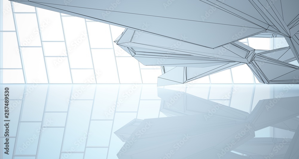 Abstract architectural white interior of a minimalist house with large windows. Drawing. 3D illustration and rendering. Abstract architectural white interior of a minimalist house with large windows. Drawing. 3D illustration and rendering.