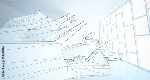 Abstract architectural white interior of a minimalist house with large windows. Drawing. 3D illustration and rendering.