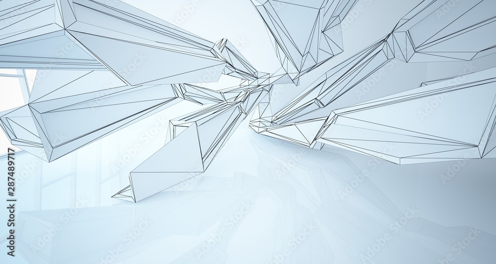 Abstract architectural white interior of a minimalist house with large windows. Drawing. 3D illustration and rendering. Abstract architectural white interior of a minimalist house with large windows. Drawing. 3D illustration and rendering.