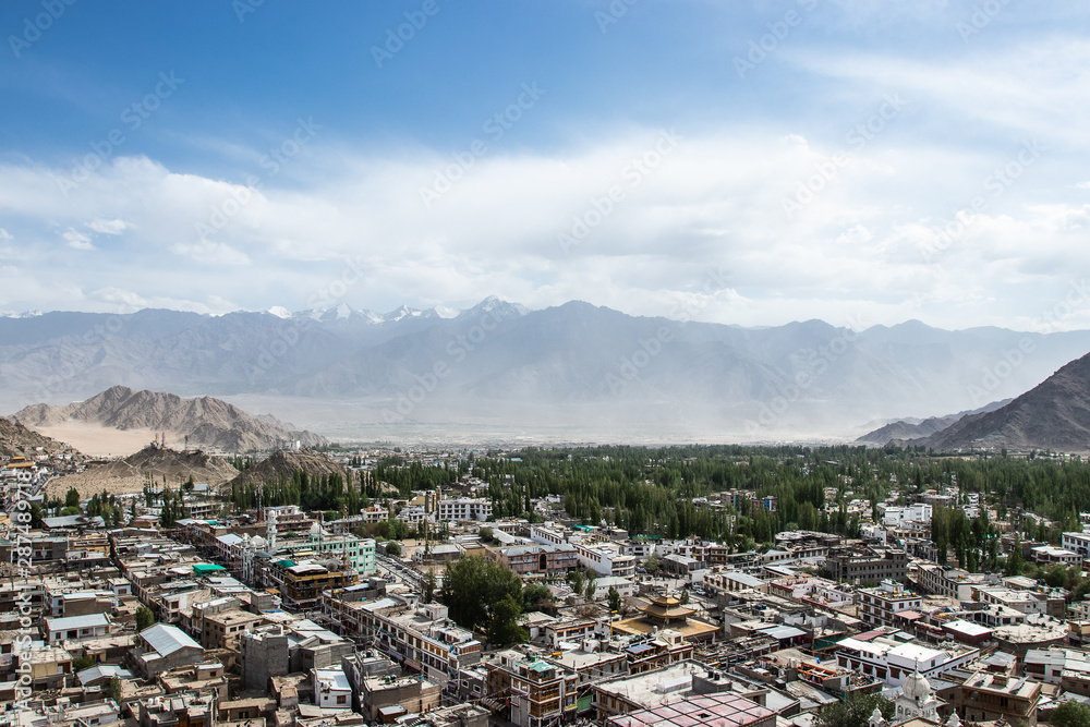 Landscape of Leh-Ladakh city with blue sky, northern India.