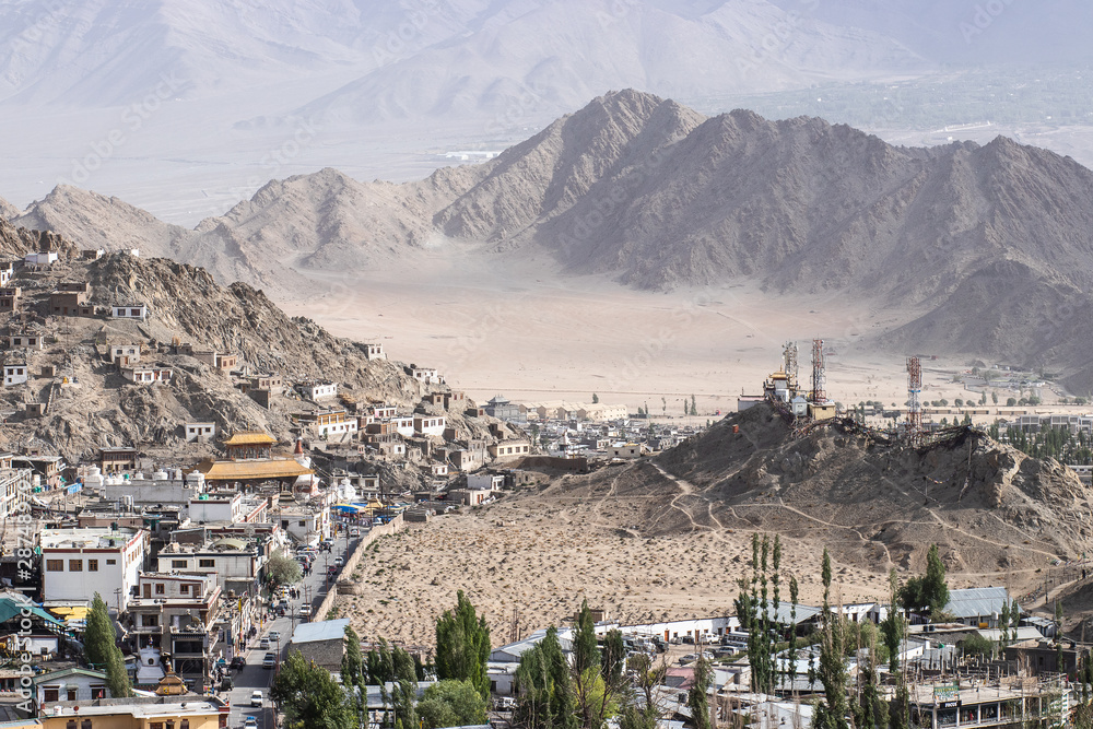 Landscape of empty space and houses at Leh-Ladakh city with blue sky