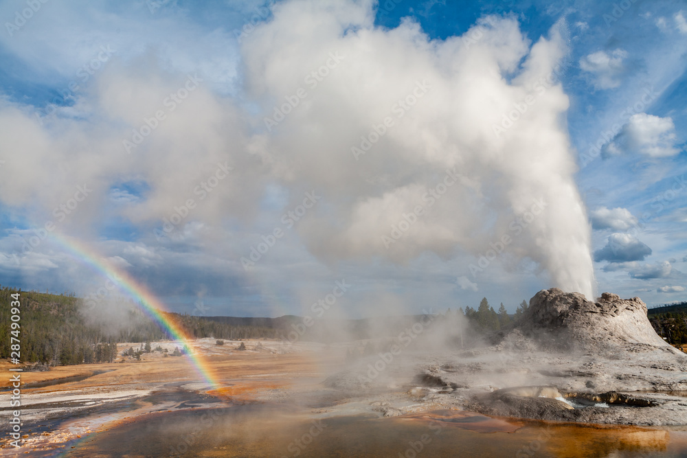 Castle Geyser eruption forms a rainbow in Yellowstone National Park, Wyoming