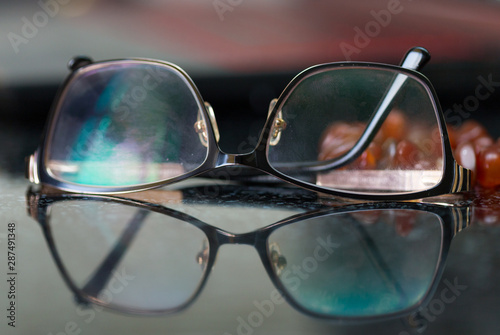 Brown glasses close-up. Glasses in a modern style. Glasses with clear lenses. fashionable accessories