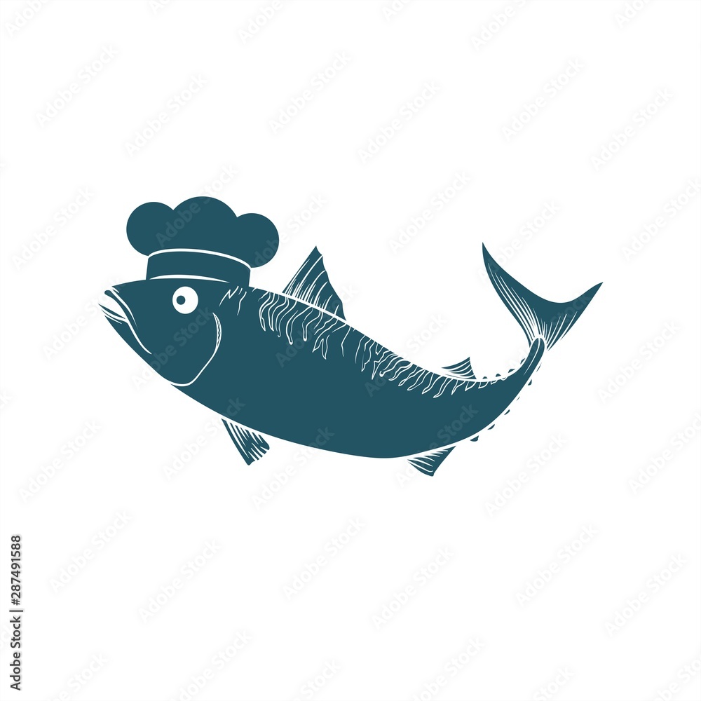 Fototapeta premium sea food chef fish restaurant mascot or character logo and vector illustration