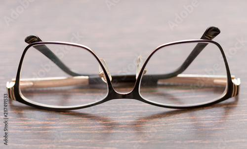 Brown glasses close-up. Glasses in a modern style. Glasses with clear lenses. fashionable accessories