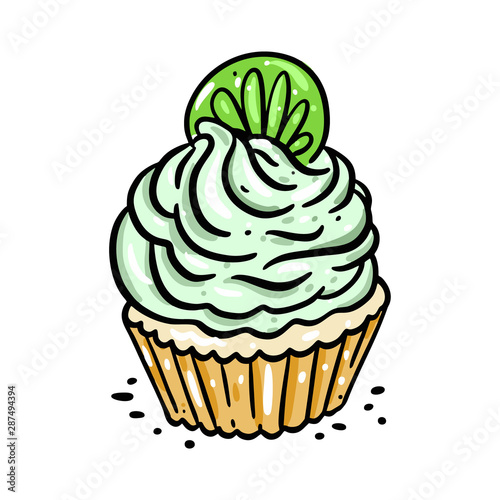 Cupcake with lime slice hand drawn vector illustration. Isolated on white background.