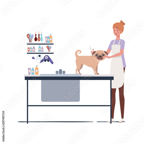 young woman with dog in pet groomer
