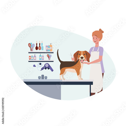 young woman with dog in pet groomer