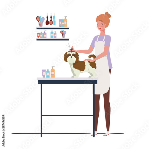 young woman with dog in pet groomer