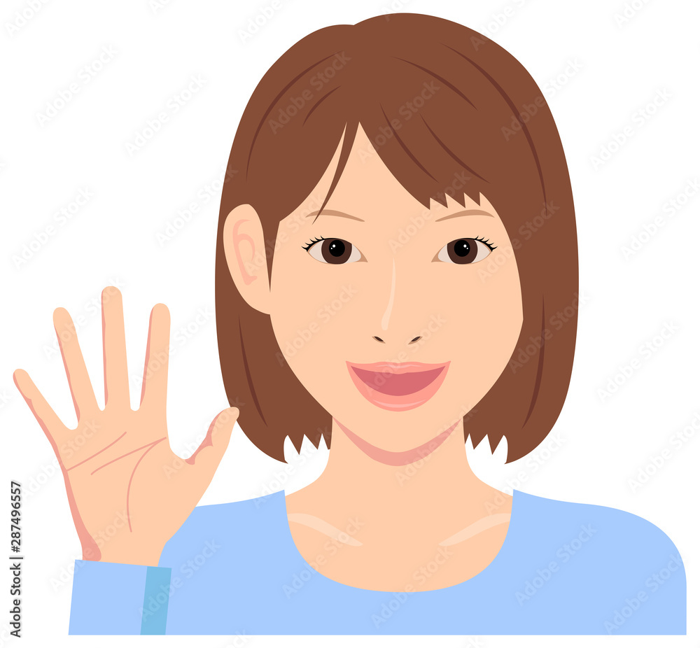 Young woman vector illustration (upper body) / open hand with smiling , good bye Young woman vector illustration (upper body) / open hand with smiling , good bye