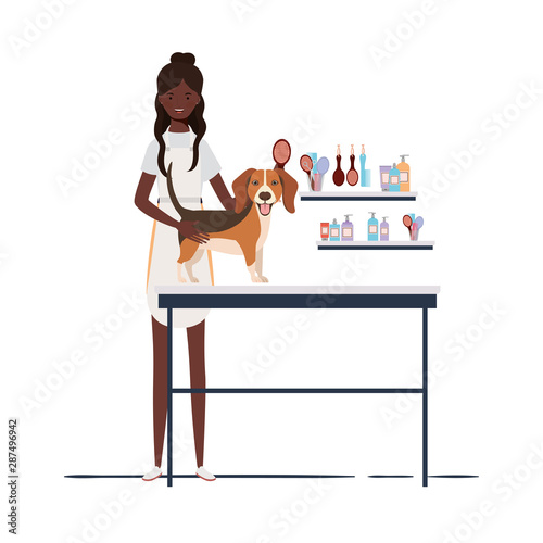 young woman combing a dog in pet groomer