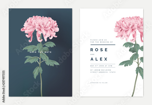 Minimalist floral wedding invitation card template design, pink Chrysanthemum morifolium flower with leaves, vintage theme