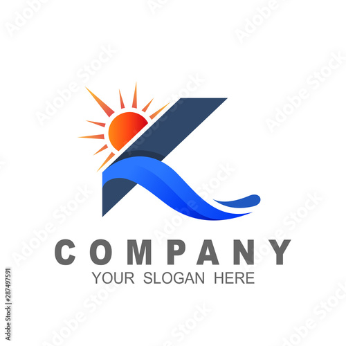 letter k logo with wave design vector, sunset logo ,sunrise, holiday logo design illustration