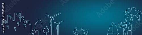 City and tropical recreation relative silhouettes. Retro car moving to cruise ship and palm. Ecology linear design concept