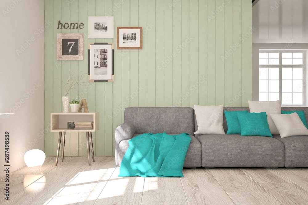Fototapeta premium Stylish room in white color with sofa. Scandinavian interior design. 3D illustration