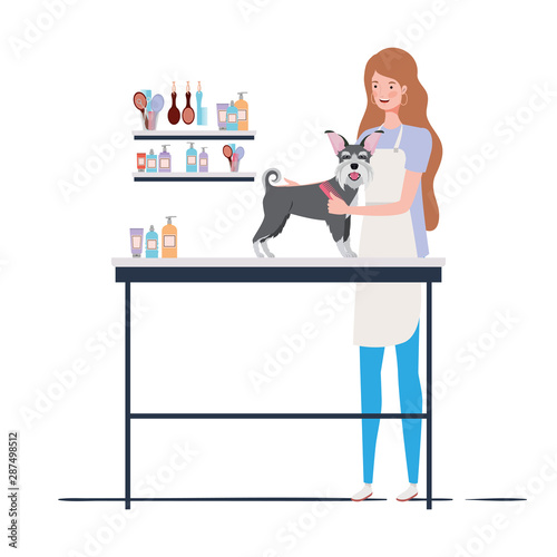 young woman with dog in pet groomer