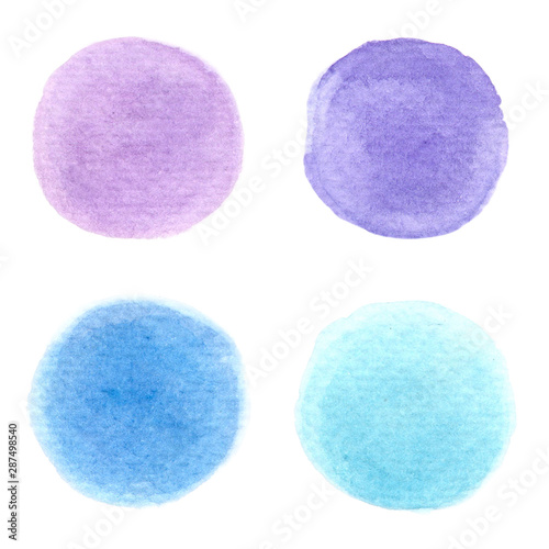 4 color drops of water, consisting ofLight purple, dark purple, light blue all are soft tones on the White Blackground photo