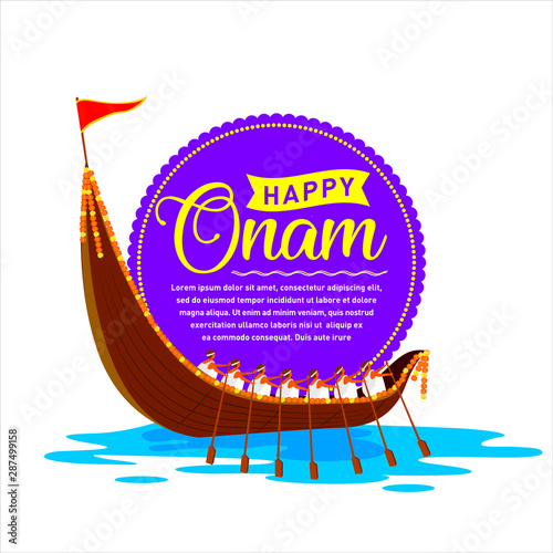 South India's Happy Onam Invitation card, Print Banner, Logo design, Sticker, Concept, Greeting Card, Template, Icon, Poster, Unit, Label, Web, Mnemonic with rays and Snakeboat race, Vallam-kali team.