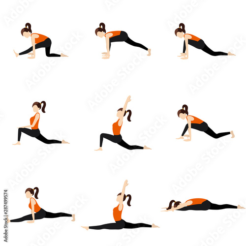 Monkey pose sequence yoga asanas set/ Illustration stylized woman practicing hanumanasana variations