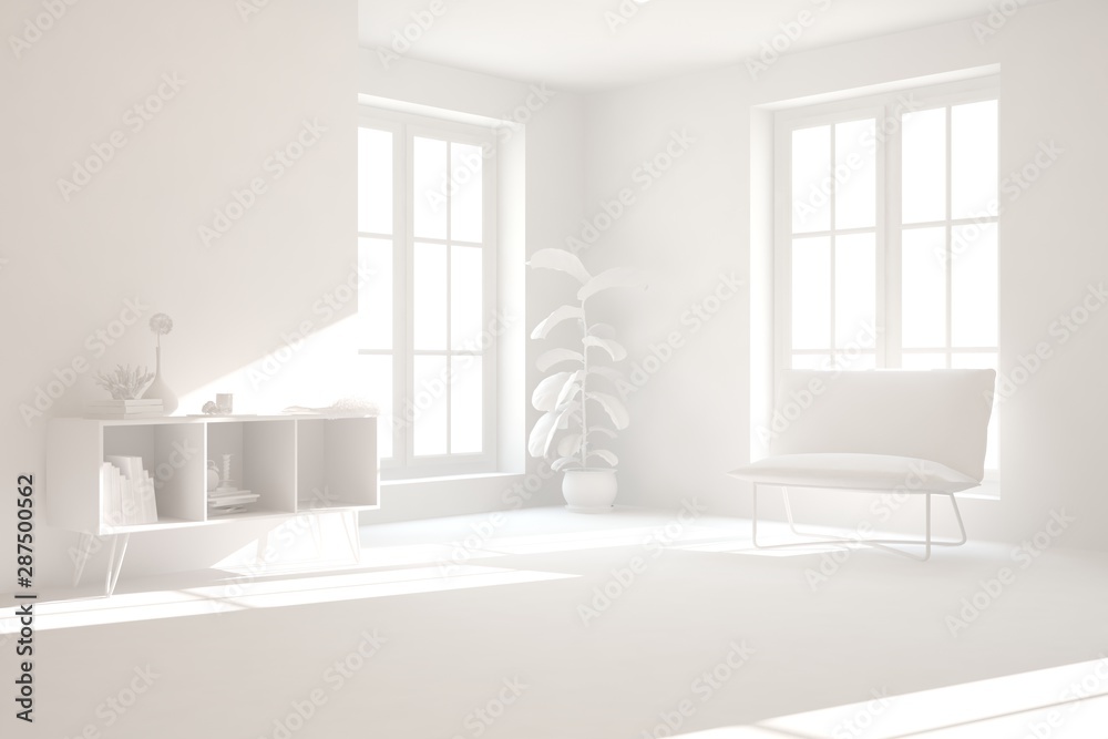 Fototapeta premium Mock up of stylish room in white color with armchair. Scandinavian interior design. 3D illustration