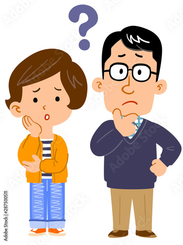 疑問を持つ夫婦の全身イラスト