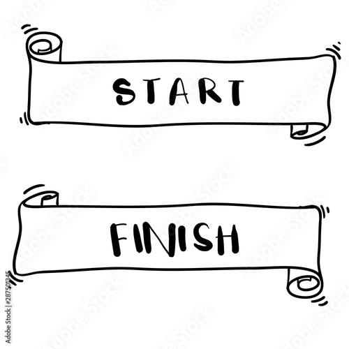 handdrawn start and finish line banners, streamers, flags for outdoor sport event - competition race, run with doodle cartoon style