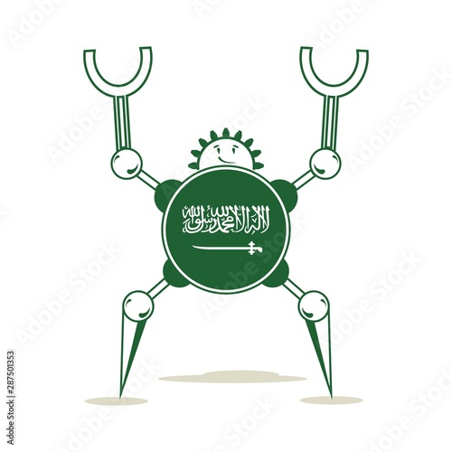 Cute vintage robot. Robotics industry relative image. Cartoon person. Flag of the Saudi Arabia