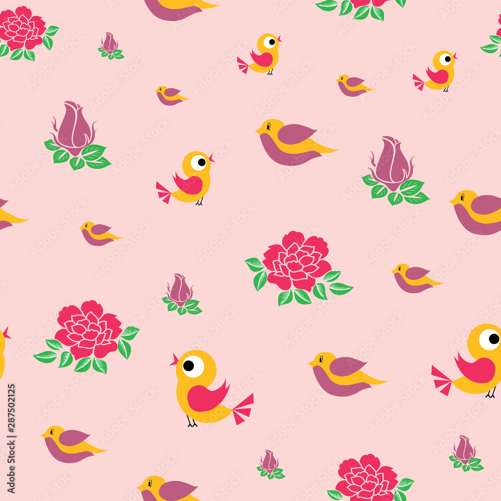 Vector cute birds and roses flowers seamless Vector cute birds and roses flowers seamless