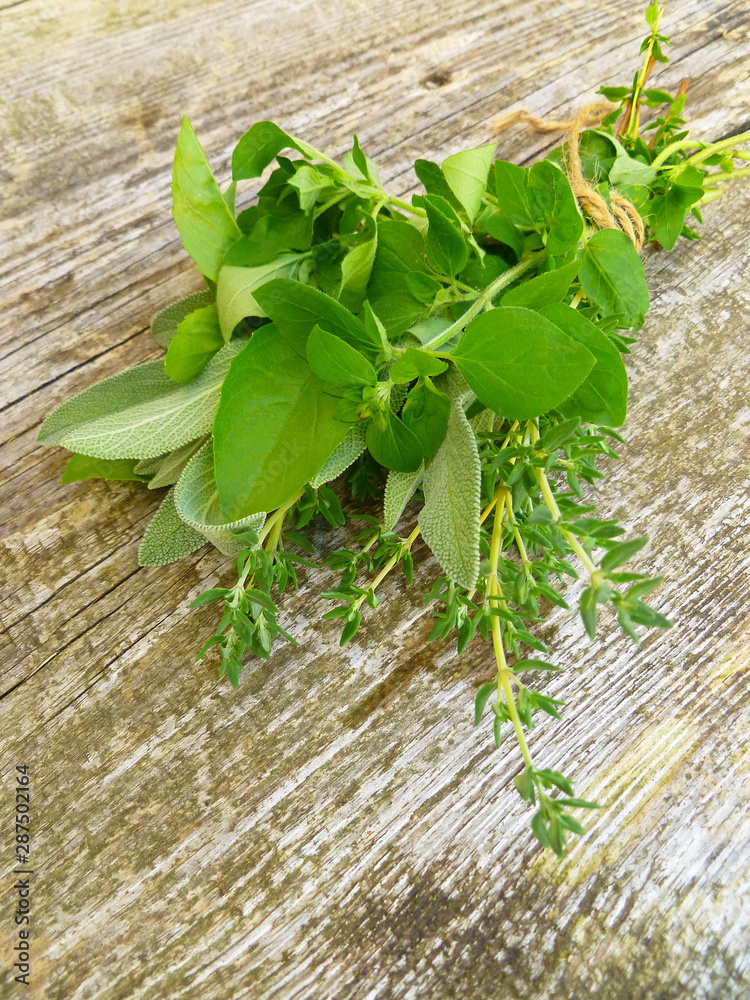 Bunch of fresh green organic herb leaves tied with thread on old wooden background. Thyme, Sage, Oregano, Basil and Mint closeup. Aromatic culinary herbs. Bundle of freshly picked provence herbs. Bunch of fresh green organic herb leaves tied with thread on old wooden background. Thyme, Sage, Oregano, Basil and Mint closeup. Aromatic culinary herbs. Bundle of freshly picked provence herbs.