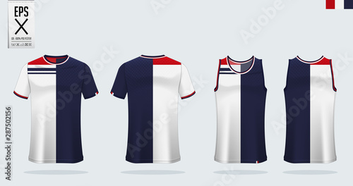 T-shirt sport mockup template design for soccer jersey, football kit, tank top for basketball jersey and running singlet. Sport uniform in front view and back view.  Vector Illustration.