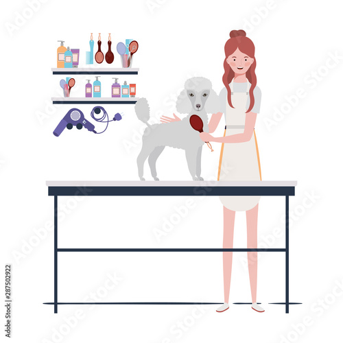 young woman with dog in pet groomer