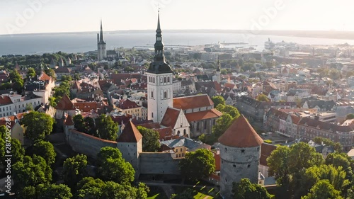 Tallinn, Estonia: morning drone close-up flight near tower of  St. Nicholas' Church in old town photo
