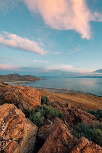 View of the Great Salt Lake at sunset, Antelope Island State Park, Utah photo