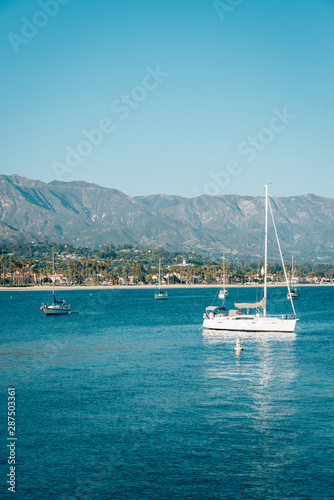 Sailboats in the Pacific Ocean, seen from Stearns Wharf, in Santa Barbara, California