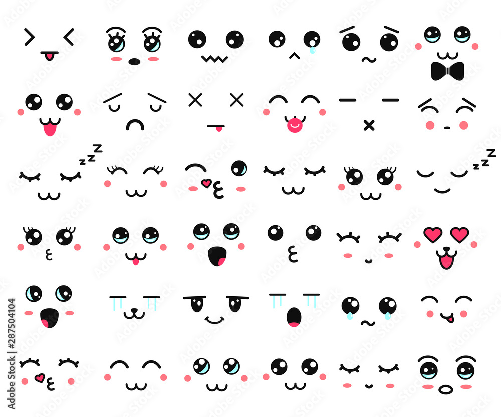 Vetor do Stock: Kawaii cute faces. Manga style eyes and mouths. Funny  cartoon japanese emoticon in in different expressions. Expression anime  character and emoticon face illustration. Background, Wallpaper. | Adobe  Stock