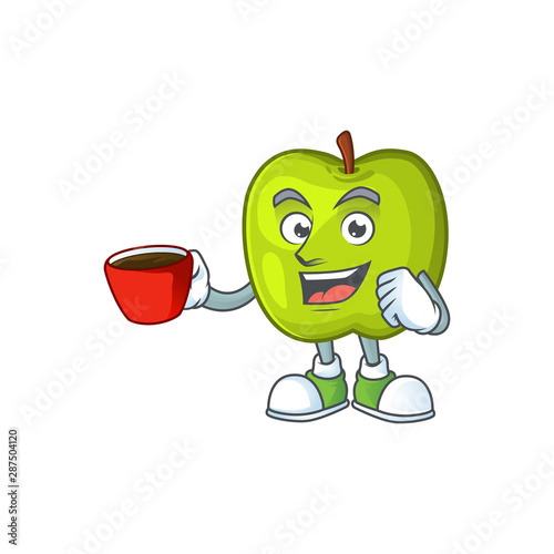 Drinking in cup character granny smith green apple with mascot